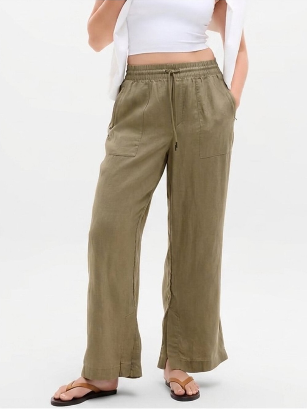 Athleta Retreat Linen Wide Leg Drawstring Casual Pants NWOT Cacti
Medium